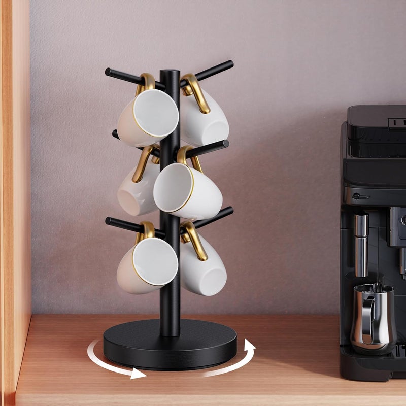 Elerator Coffee Mug Holder Tree, Upgraded 360° Rotated Cup Holder for Counter, Wood Mug Rack with 6 Hooks, Coffee Mug Organizer Station, Mug Stand Bar Accessories, Black - Image 1